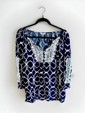 Crown & Ivy Navy Blouse Geometric Tile Print Blouse